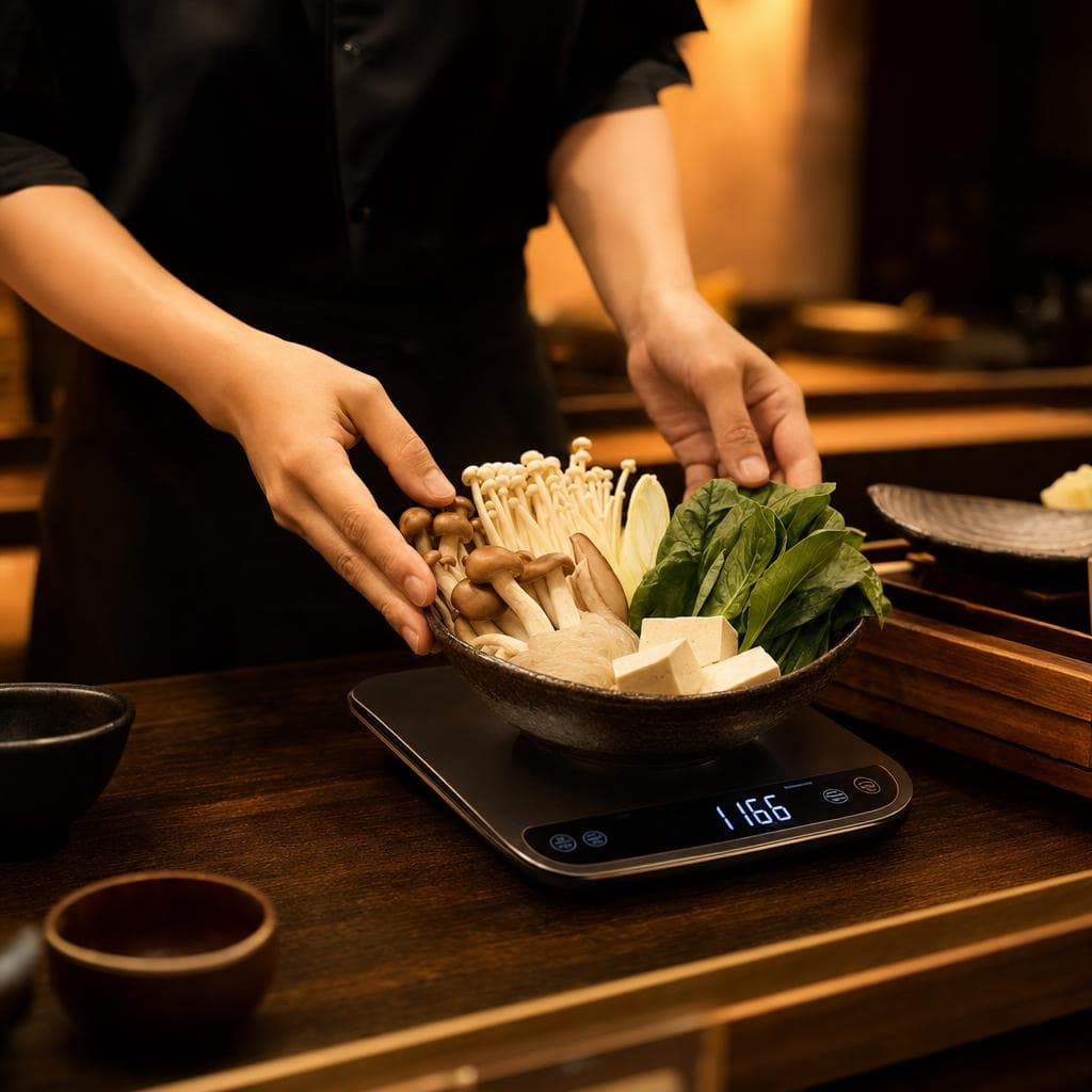 A staff member setting a stone bowl of enoki mushrooms, tofu, spinach, and glass noodles onto a digital scale reading 1166 grams